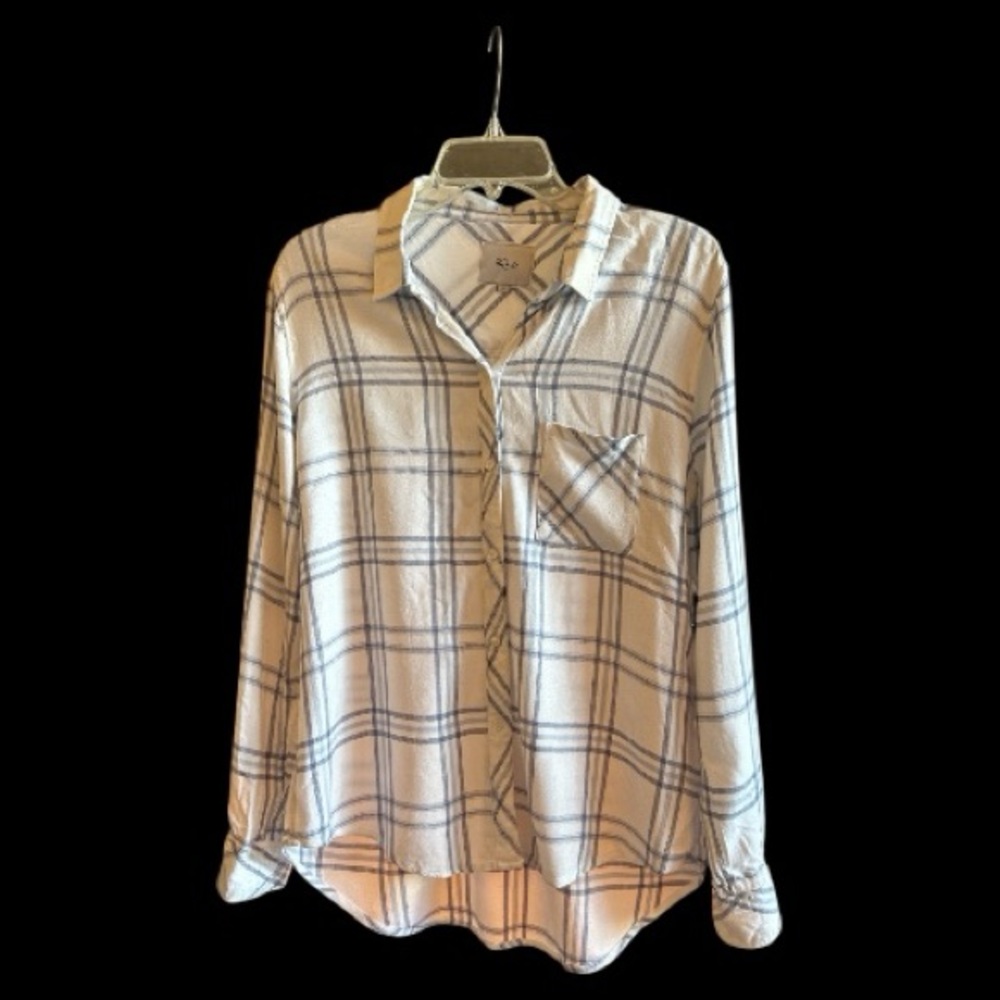 White and Blue Plaid Button-Up Shirt
